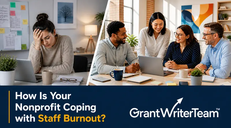 A diverse group of coworkers sit around a conference table, smiling and raising coffee cups in a toast during a meeting. Laptops and notes are spread out on the table, and a woman stands at the head of the table smiling. Text overlay reads: “How Is Your Nonprofit Coping With Staff Burnout”