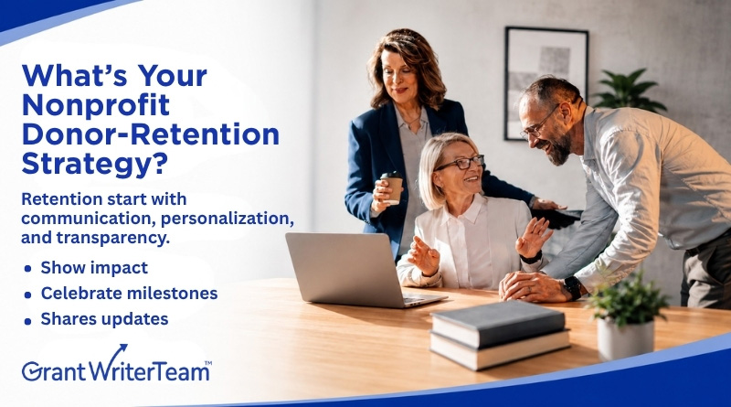 A GrantWriterTeam promotional graphic showing three nonprofit professionals gathered around a laptop in an office meeting. The image includes the headline “What’s Your Nonprofit Donor-Retention Strategy?” with supporting text about communication, personalization, transparency, showing impact, celebrating milestones, and sharing updates. The GrantWriterTeam logo appears at the bottom left.