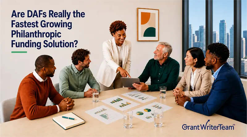 A diverse group of six professionals sits around a conference table reviewing charts and graphs during a meeting. A woman standing at the head of the table gestures toward a tablet while leading the discussion. Large text on the image reads, “Are DAFs Really the Fastest Growing Philanthropic Funding Solution?” The GrantWriterTeam logo appears in the bottom-right corner, with a city skyline visible through the office windows in the background.
