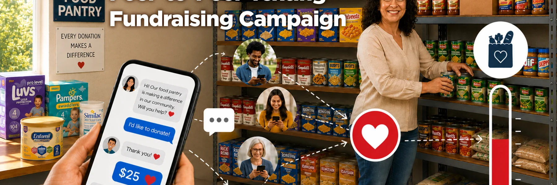 A promotional graphic for a food pantry fundraising campaign. A smiling volunteer stands beside shelves stocked with canned goods, pasta, cereal, baby formula, and other pantry items. Large text reads, “Peer-to-Peer Texting Fundraising Campaign.” In the foreground, a smartphone displays a donation text conversation where a supporter pledges $25. Dotted lines connect the phone to several donors shown texting on their devices, illustrating peer-to-peer outreach. A food pantry sign and donation-themed icons, including hearts and a fundraising thermometer, emphasize community support and charitable giving.