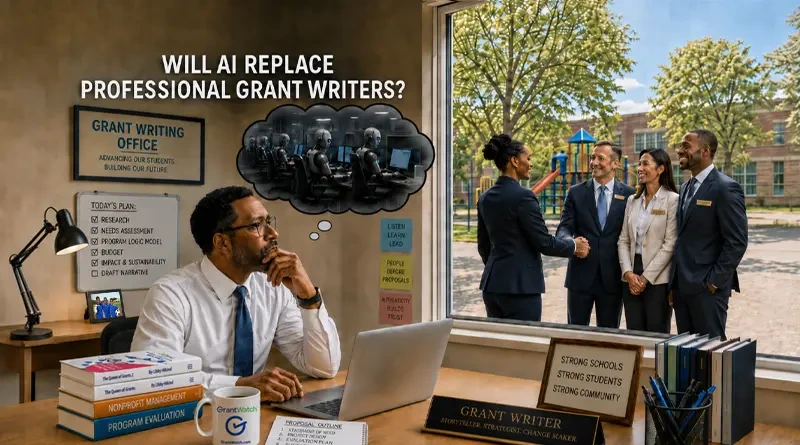Grant writer working at a desk wonders whether AI will replace professional grant writers, while nonprofit leaders meet outside. Office displays grant planning notes, emphasizing human expertise, relationships, and authentic storytelling.