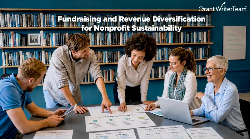 A group of nonprofit professionals collaborates around a conference table, reviewing fundraising and revenue diversification plans. Bookshelves line the background, and the image includes the title “Fundraising and Revenue Diversification for Nonprofit Sustainability” with the GrantWriterTeam logo.