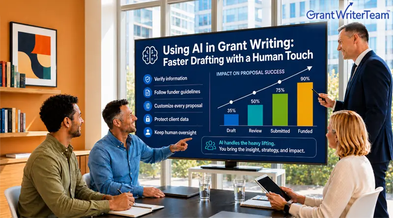 A team meets in a modern office while a presenter explains how AI can support grant writing. A large screen displays the headline, "Using AI in Grant Writing: Faster Drafting with a Human Touch," along with best practices such as verifying information, following funder guidelines, customizing proposals, protecting client data, and maintaining human oversight. A chart illustrates improved proposal success from draft to funded, emphasizing that AI streamlines drafting while people provide strategy, insight, and final review.