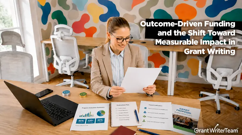 A professional woman wearing glasses and a beige blazer sits at a desk reviewing a document in a modern office with colorful abstract wall art. On the desk are grant-related materials, including a program outcomes summary with charts, an evaluation plan checklist, impact indicators, and a grant proposal document. A laptop, tablet, and GrantWriterTeam-branded tokens are also visible. Overlay text reads, “Outcome-Driven Grant Writing and Measurable Impact.” The image promotes grant writing strategies focused on demonstrating outcomes, evaluation, and program impact.